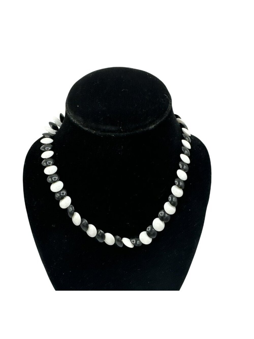 Vintage 80s Necklace Flat Beads Acrylic Black White 17" Choker Costume Jewelry